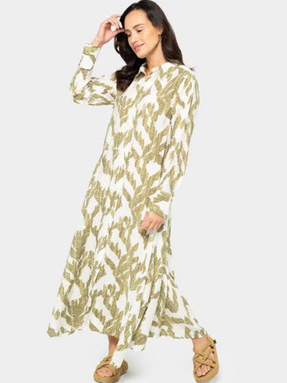 Peace Love World Boho Ikat Jungle Olive Green Asymmetric Long Sleeve Dress QVC